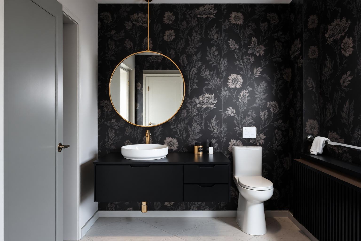 Lavabo com gabinete suspenso preto fosco e papel de parede botânico