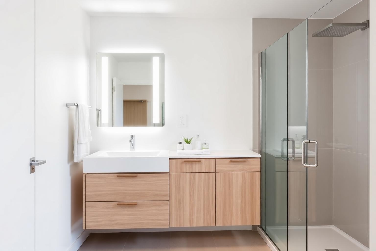 Banheiro de apartamento compacto em carvalho claro com box de vidro