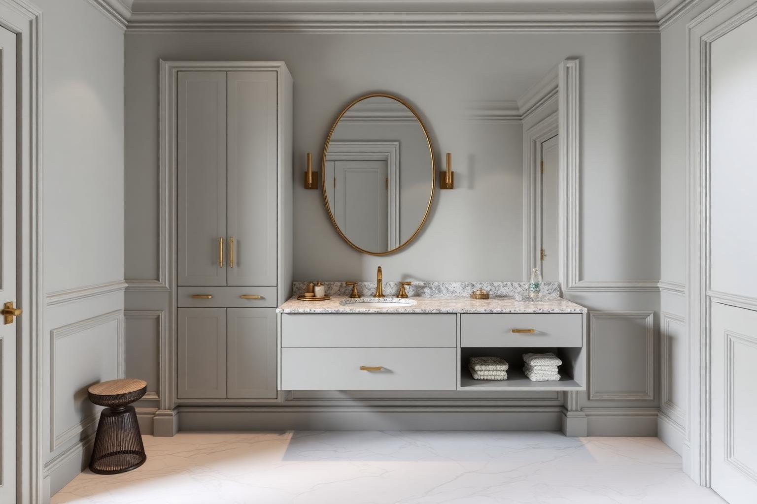Lavabo clássico cinza cashmere com cuba redonda e mármore