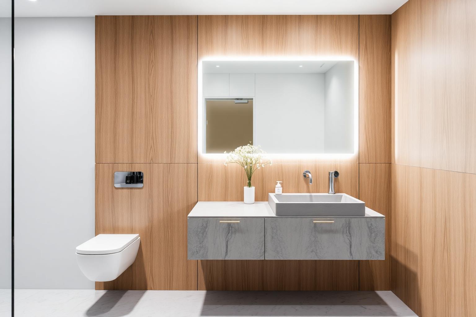 Lavabo moderno com painéis ripados em carvalho e cuba esculpida em concreto