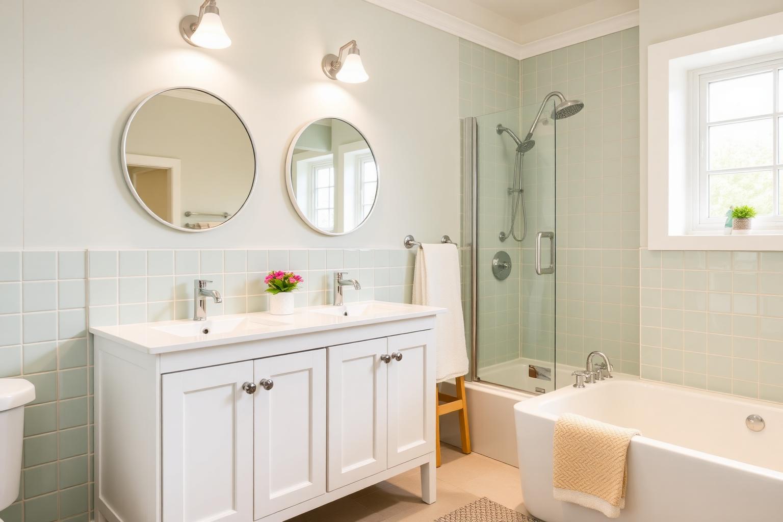 Banheiro infantil branco com pastilhas verde sage e bancada dupla