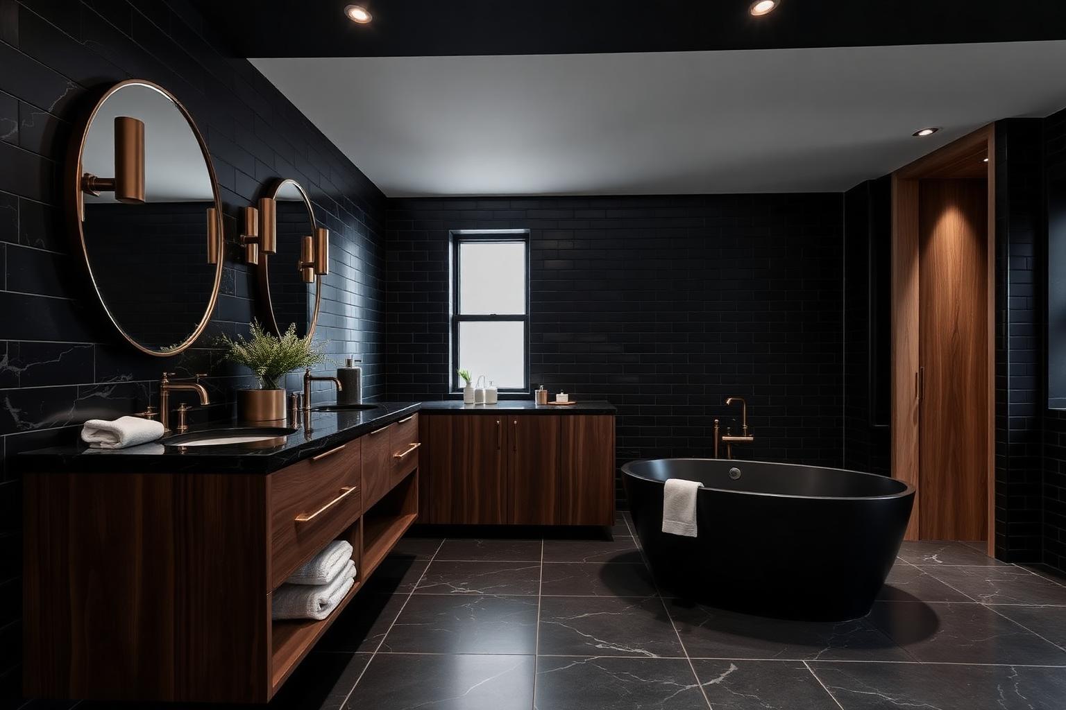 Banheiro master dark em nogueira escura, mármore preto e detalhes em latão