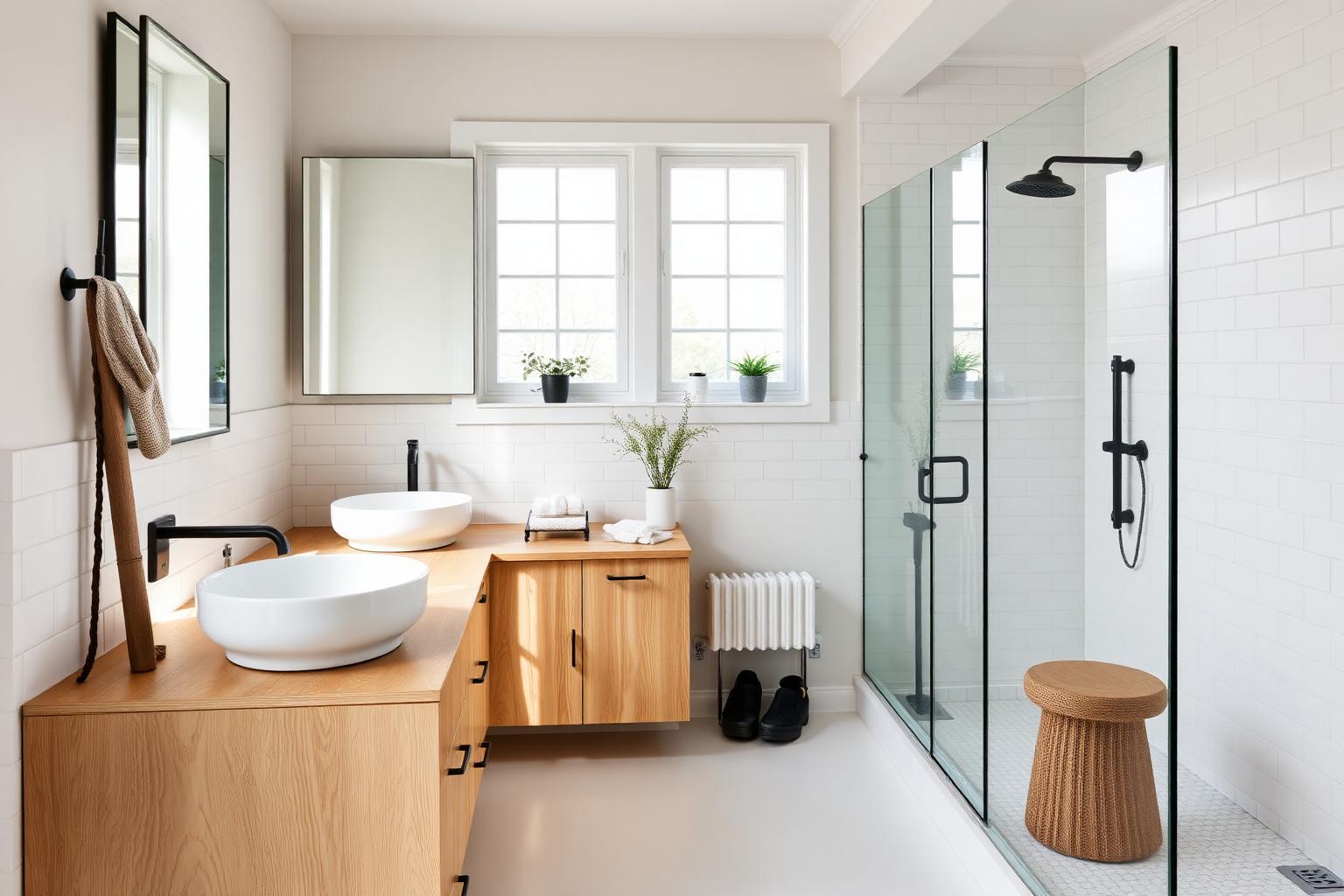 Banheiro escandinavo em bétula natural com cubas brancas e subway tile