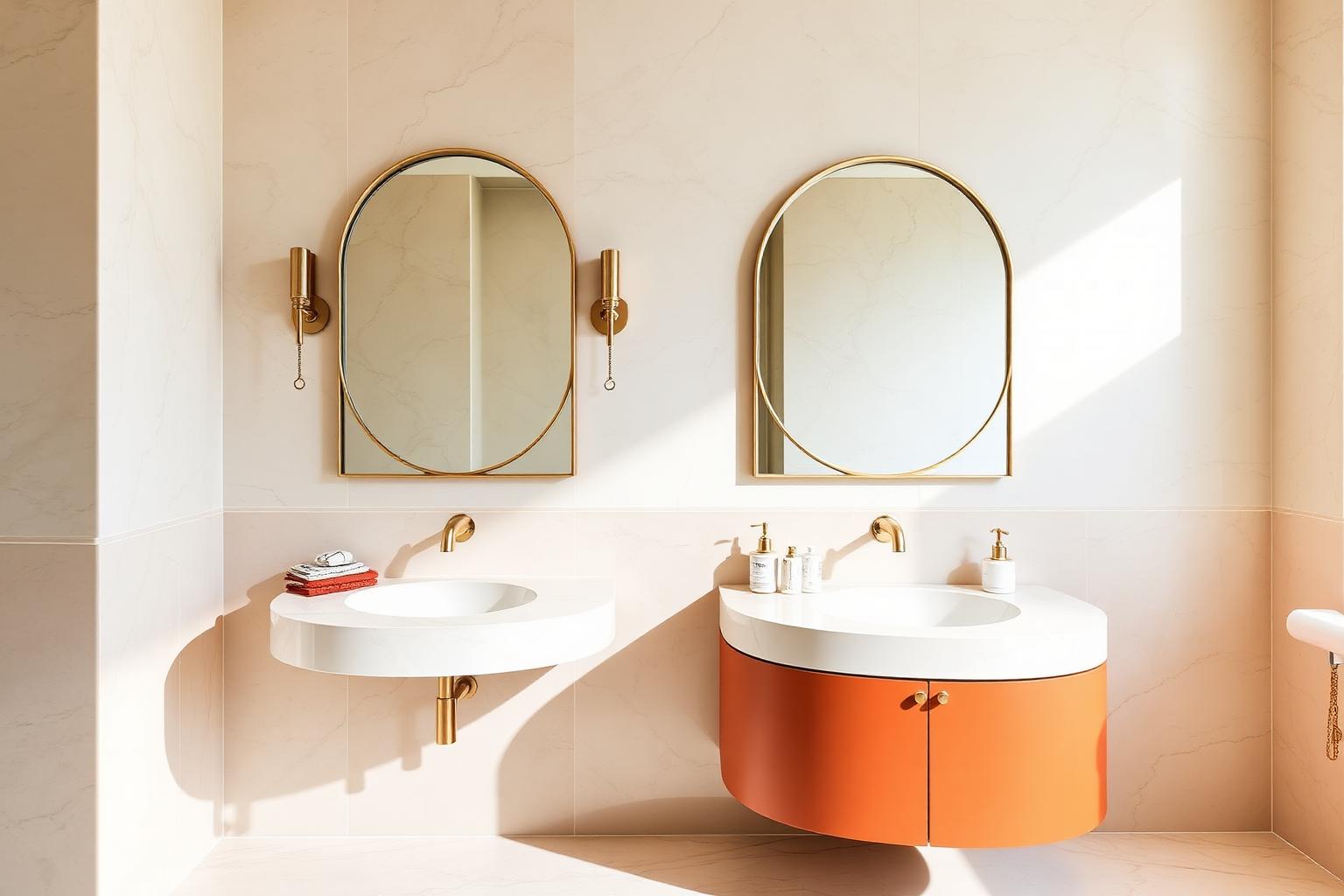 Lavabo com gabinete curvo terracota, cuba em pedra e espelhos arco em latão