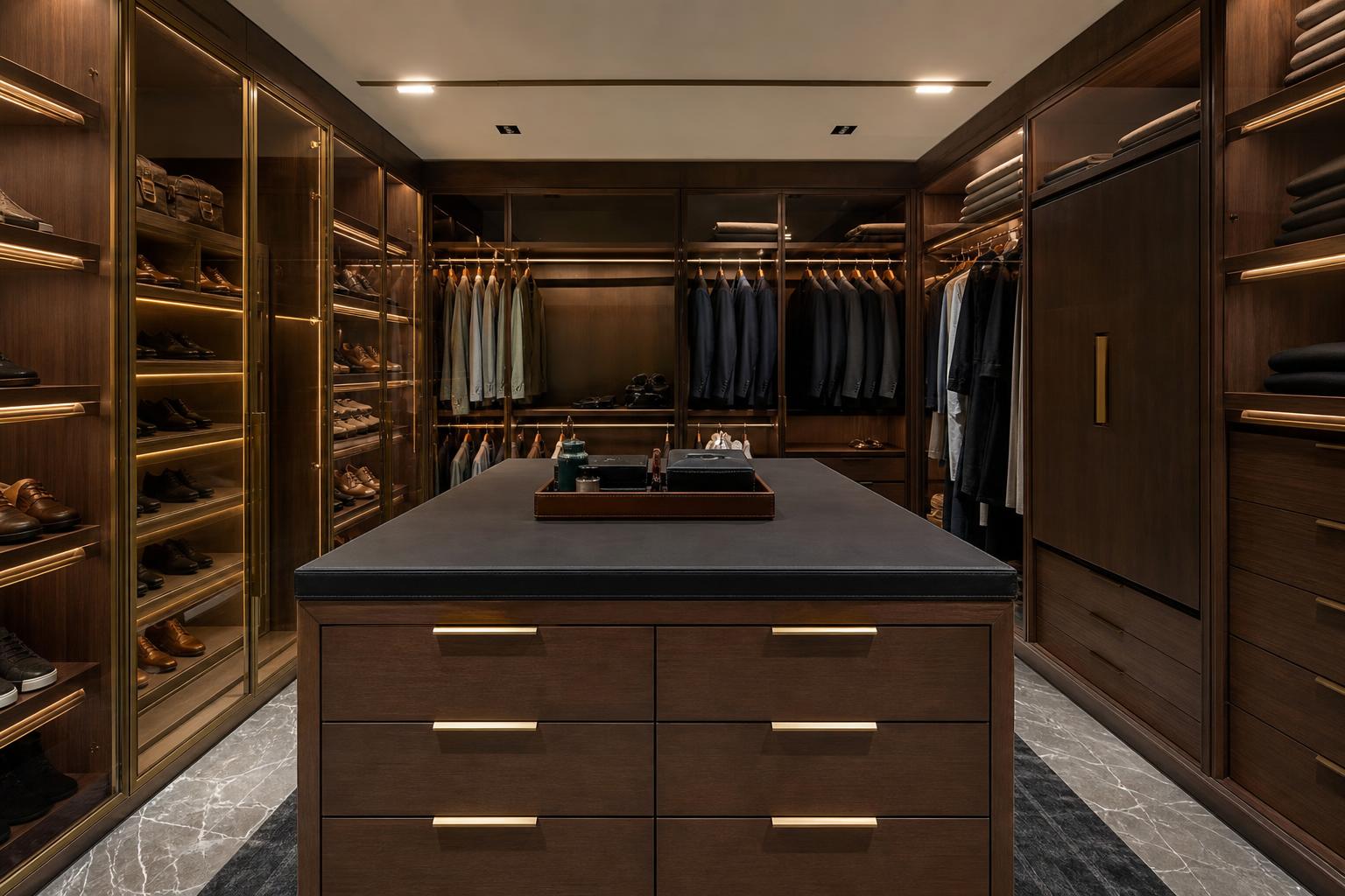 Closet de luxo em nogueira com ilha central de couro