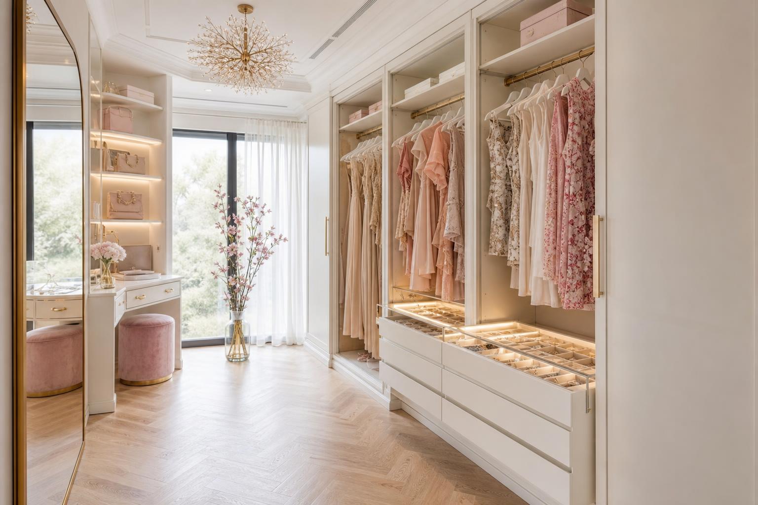 Closet feminino off-white com detalhes em dourado