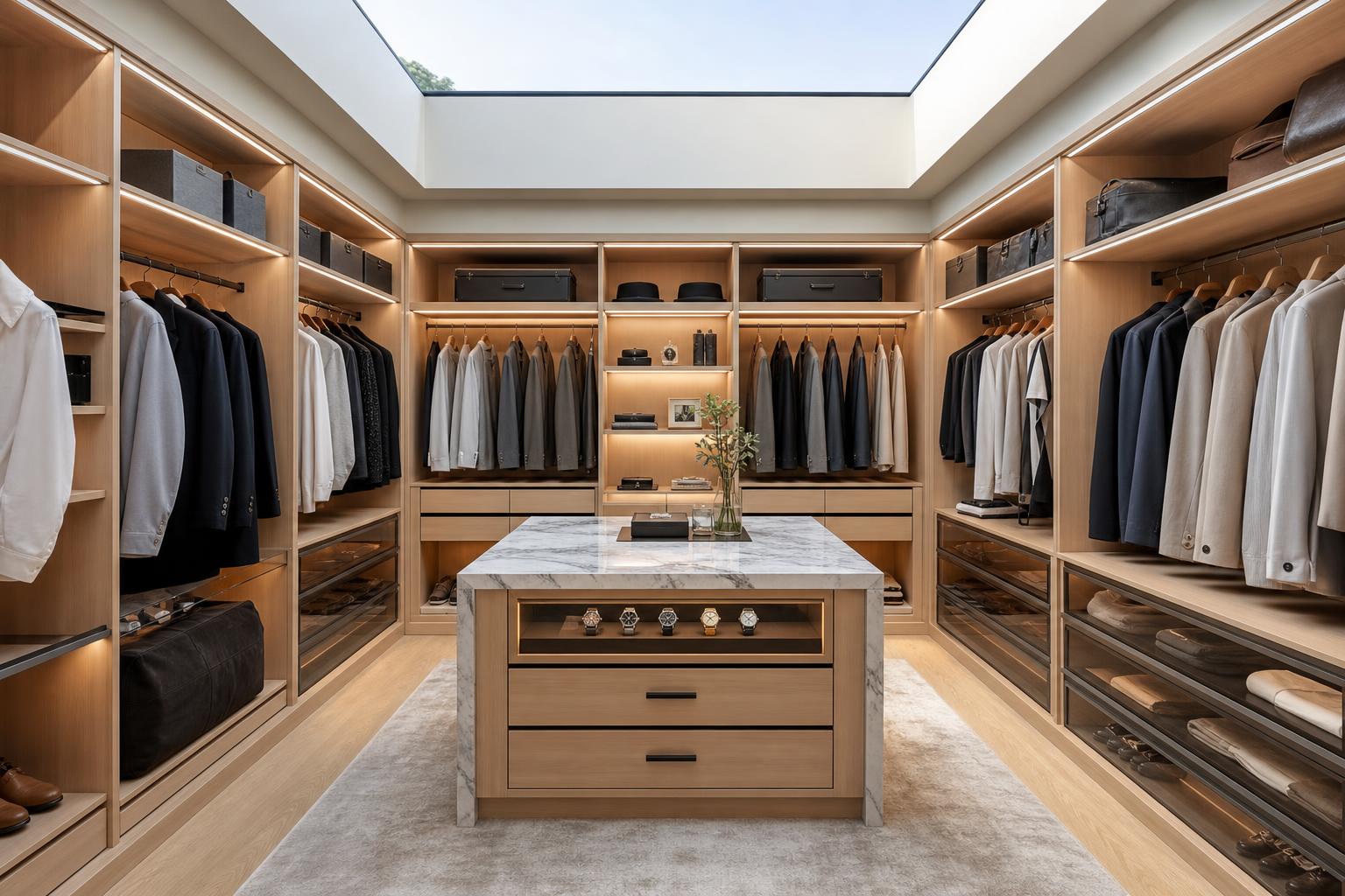 Closet aberto em carvalho claro com claraboia