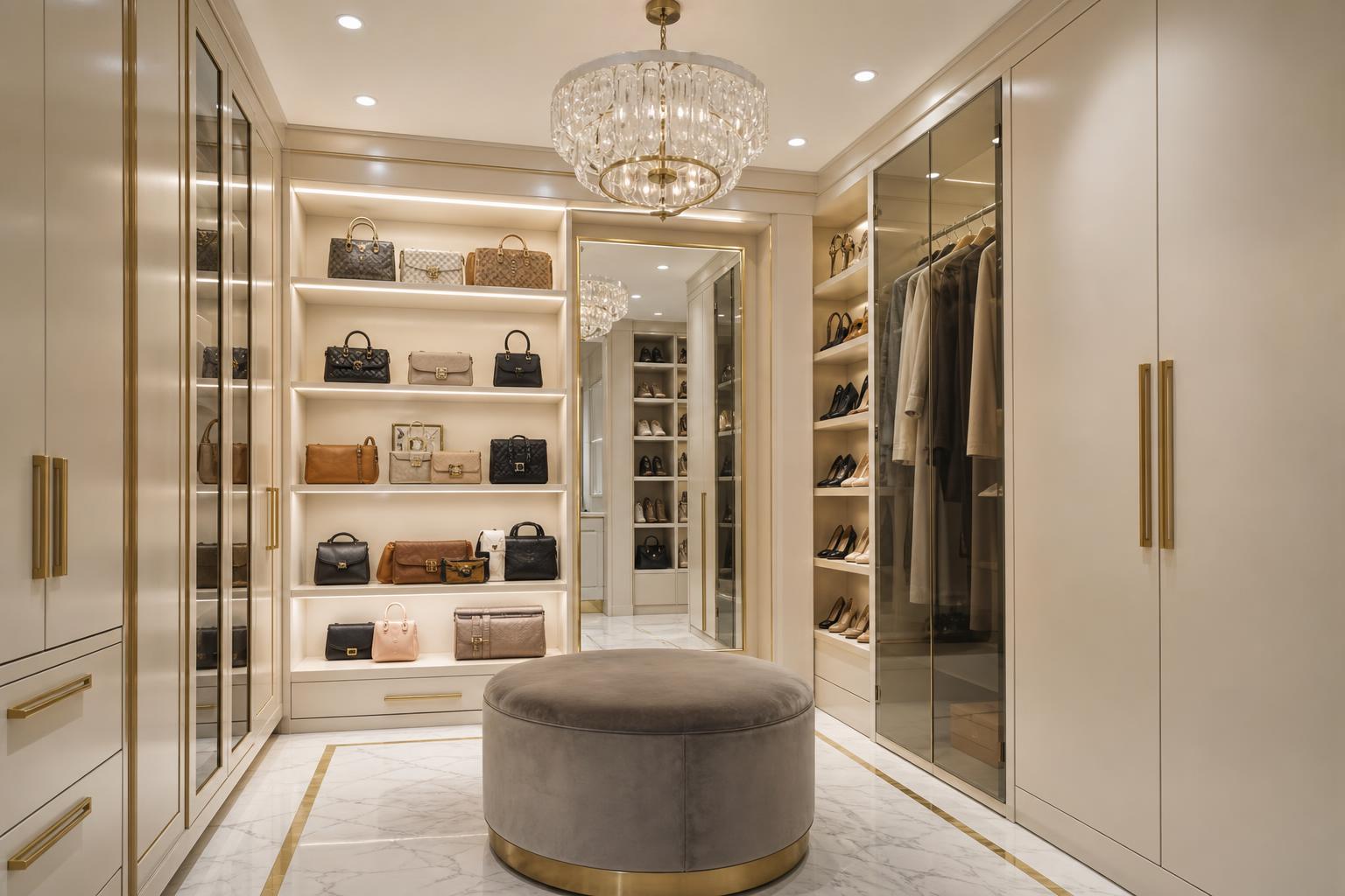 Closet boutique em laca marfim com detalhes em latão