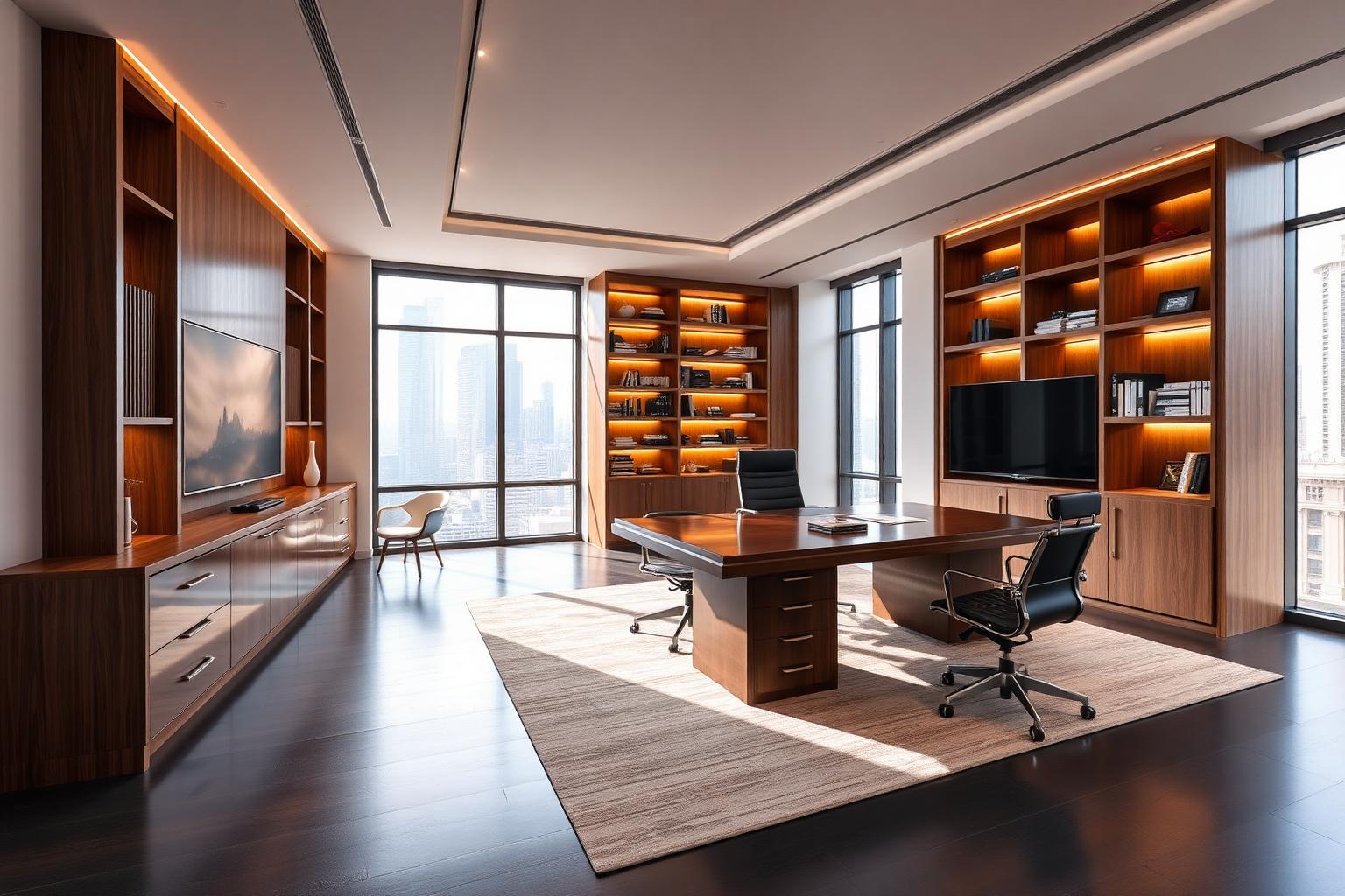 Sala executiva com estantes planejadas em nogueira e vista urbana