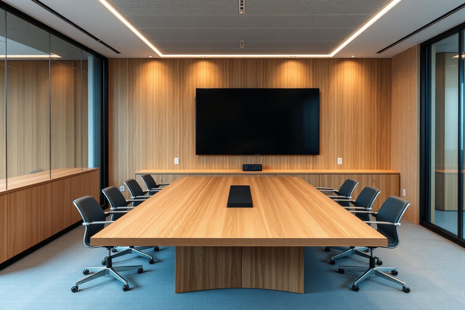 Sala de reunião com mesa planejada em carvalho claro e painel ripado