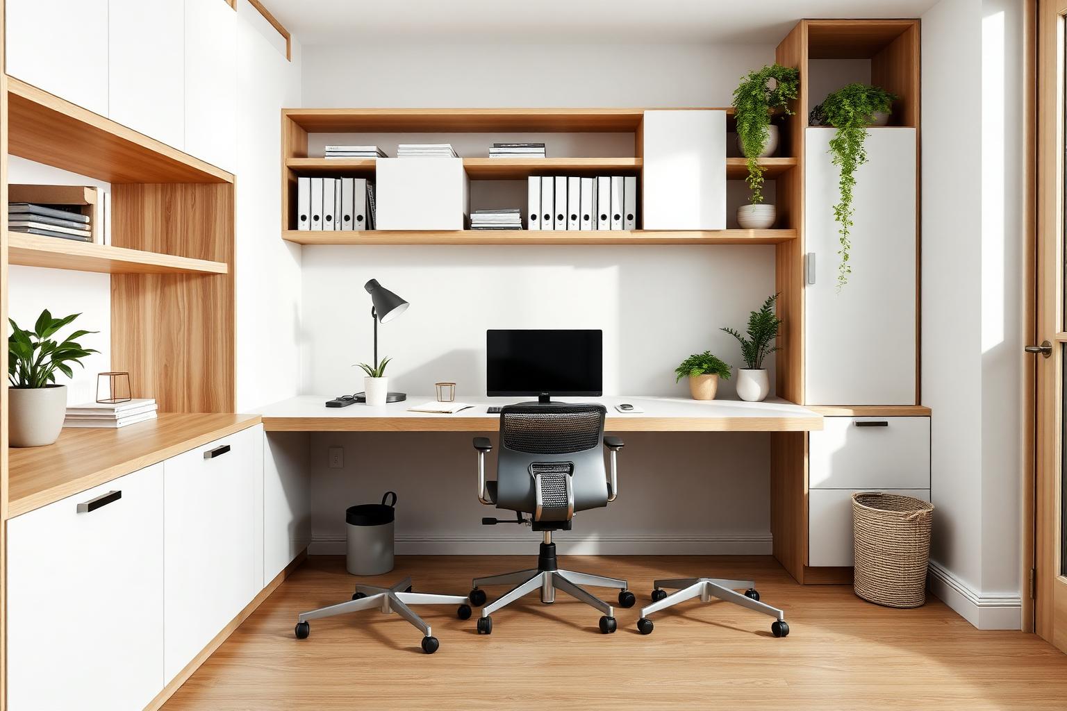 Home office compacto em laca branca com bancada e nichos em carvalho
