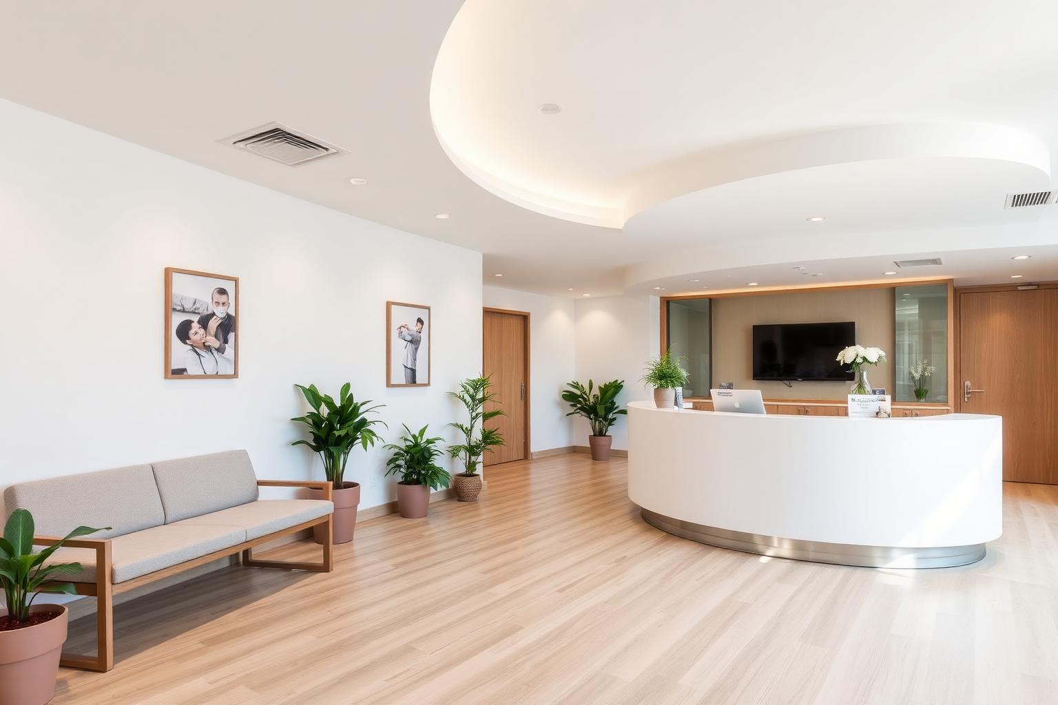 Recepção de clínica com balcão curvo em corian branco