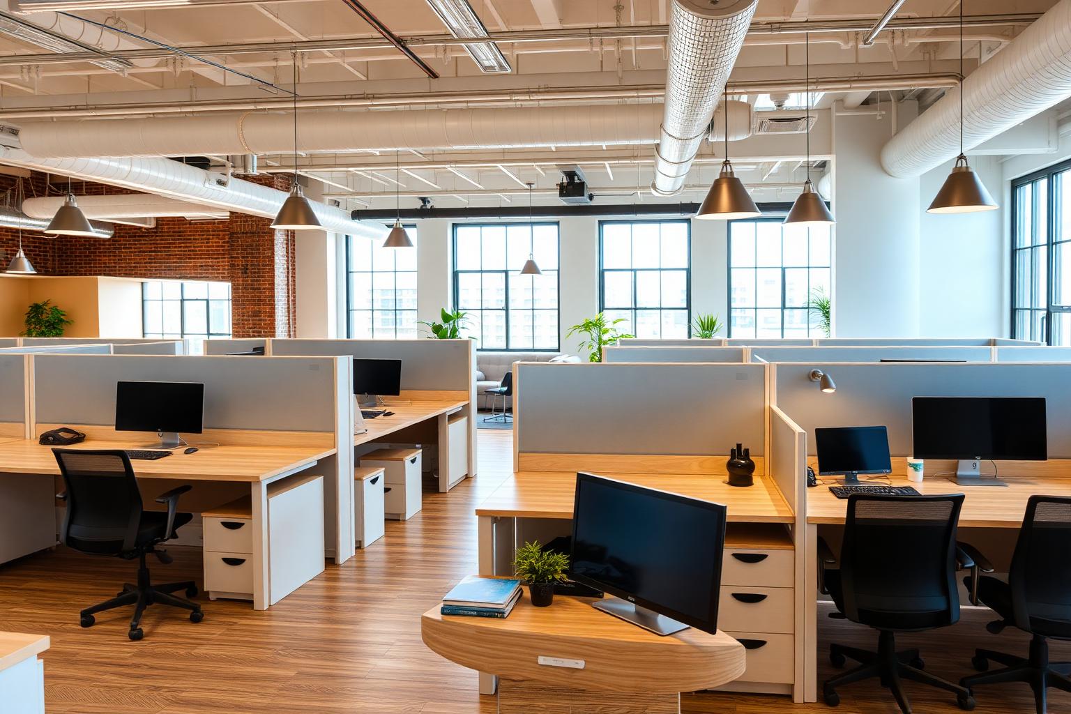 Coworking com estações de trabalho planejadas e divisórias acústicas
