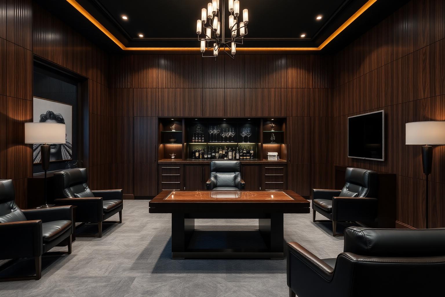 Sala executiva masculina com painéis ripados em nogueira e bar embutido