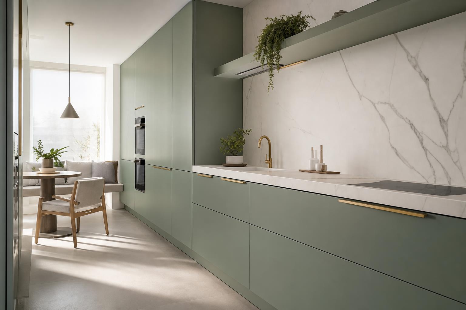 Cozinha minimalista verde sage