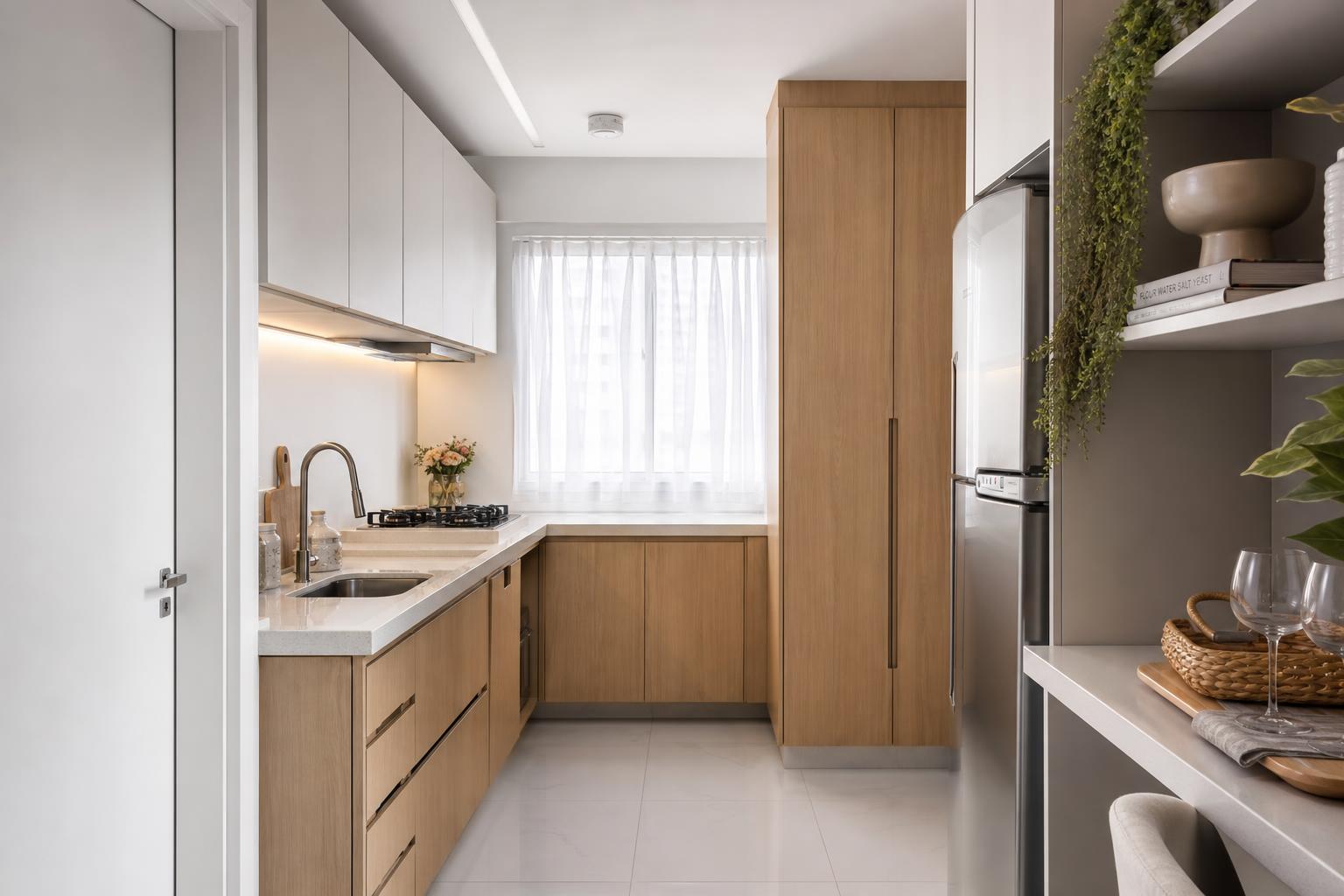 Cozinha de apartamento compacta em madeira clara e branco