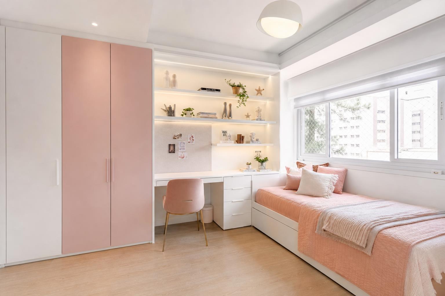 Quarto juvenil feminino branco e rosé com escrivaninha integrada