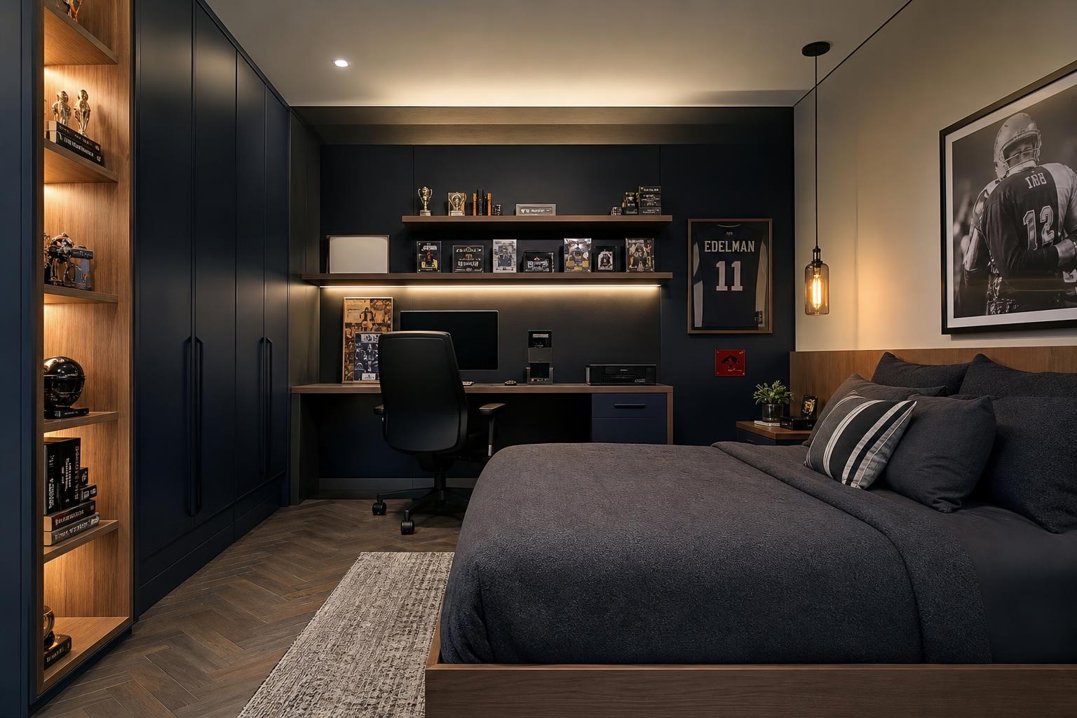 Quarto juvenil masculino azul marinho com setup de games