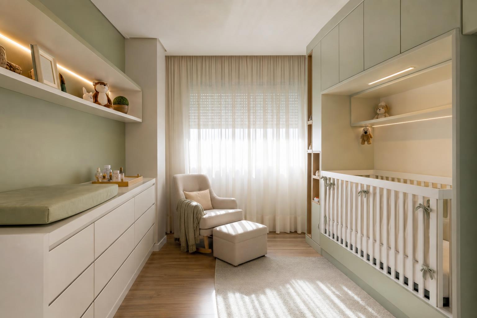 Quarto de bebê verde sage com berço integrado ao planejado