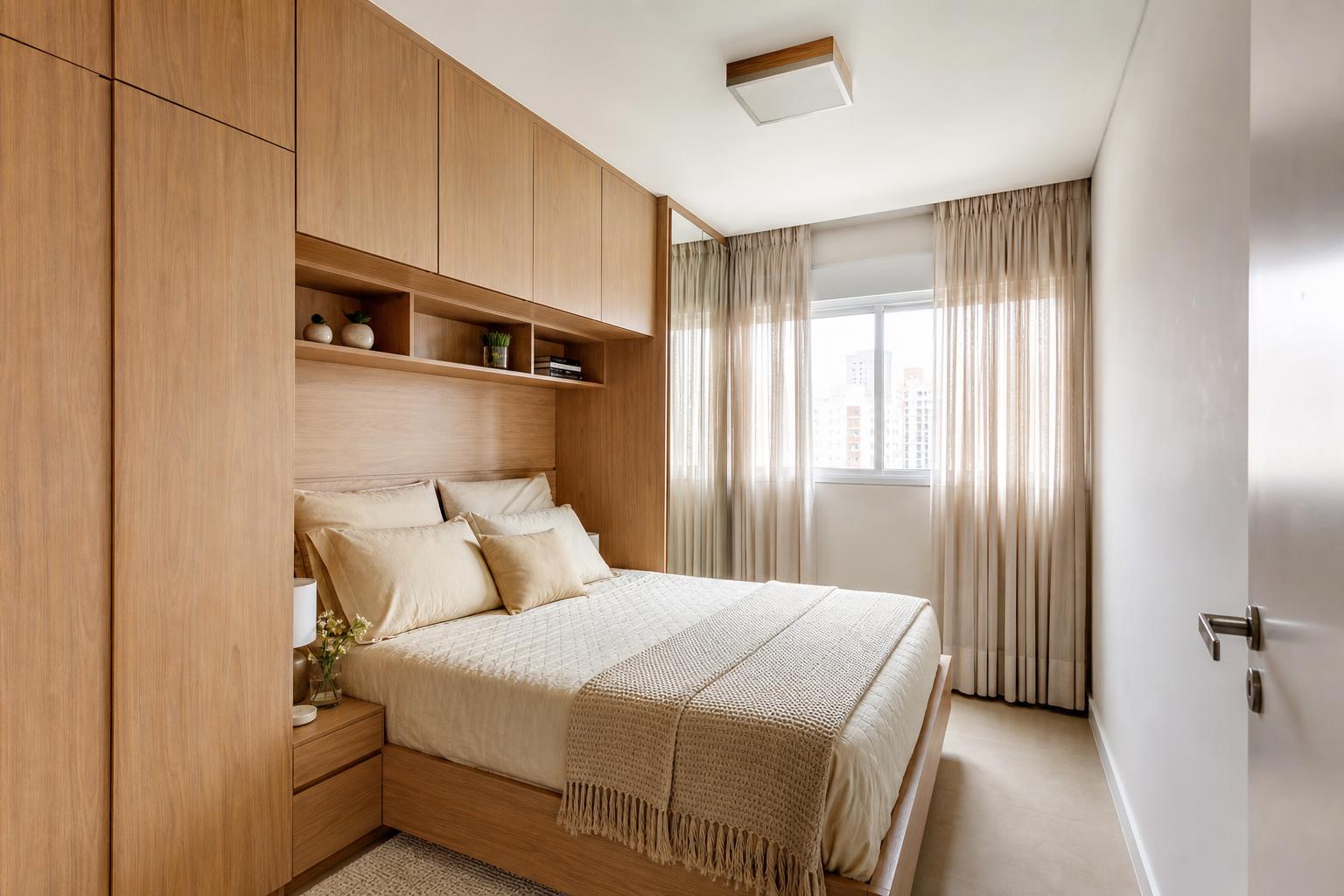 Dormitório de apartamento compacto com armário planejado em U