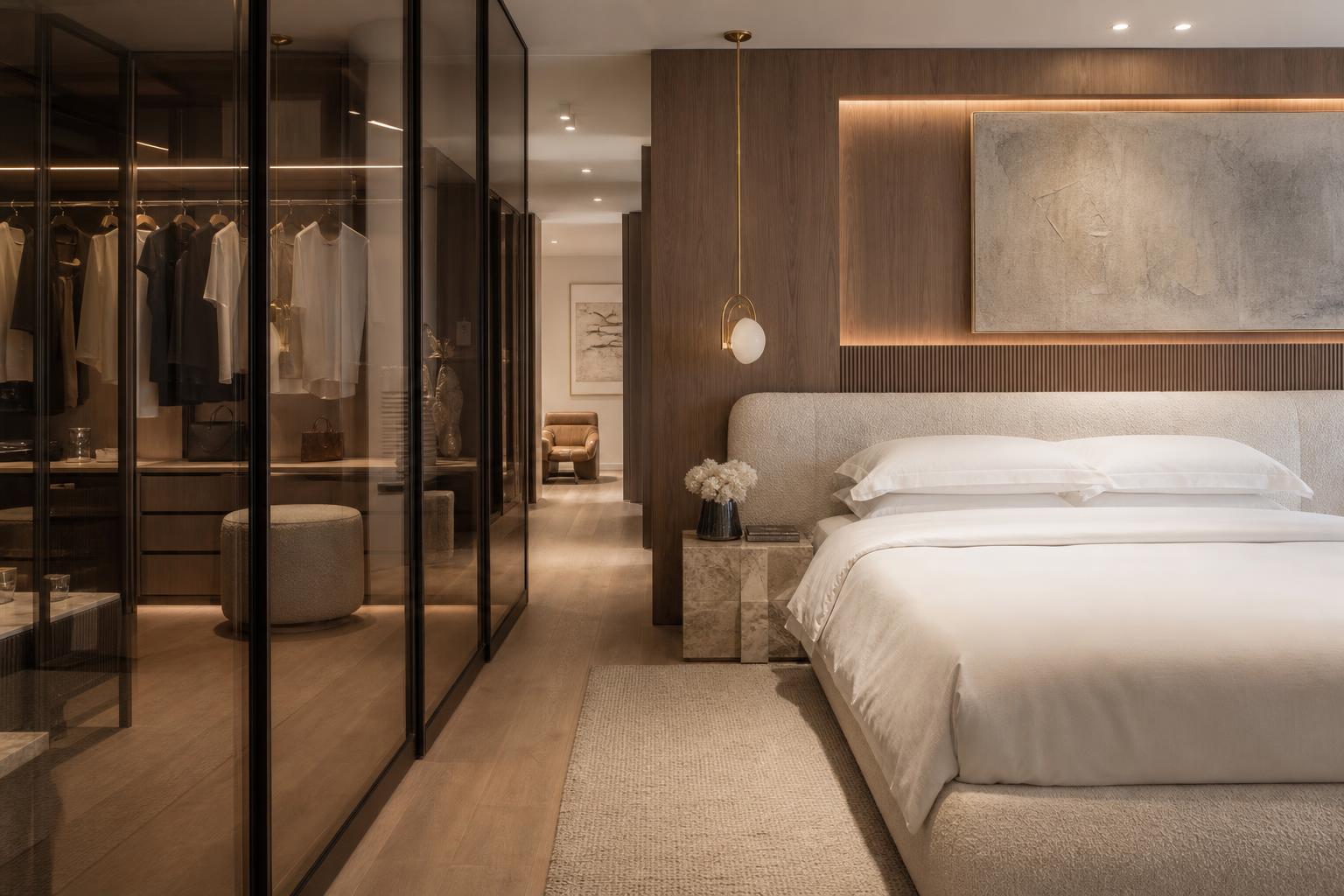 Suíte de luxo com closet integrado e divisória de vidro