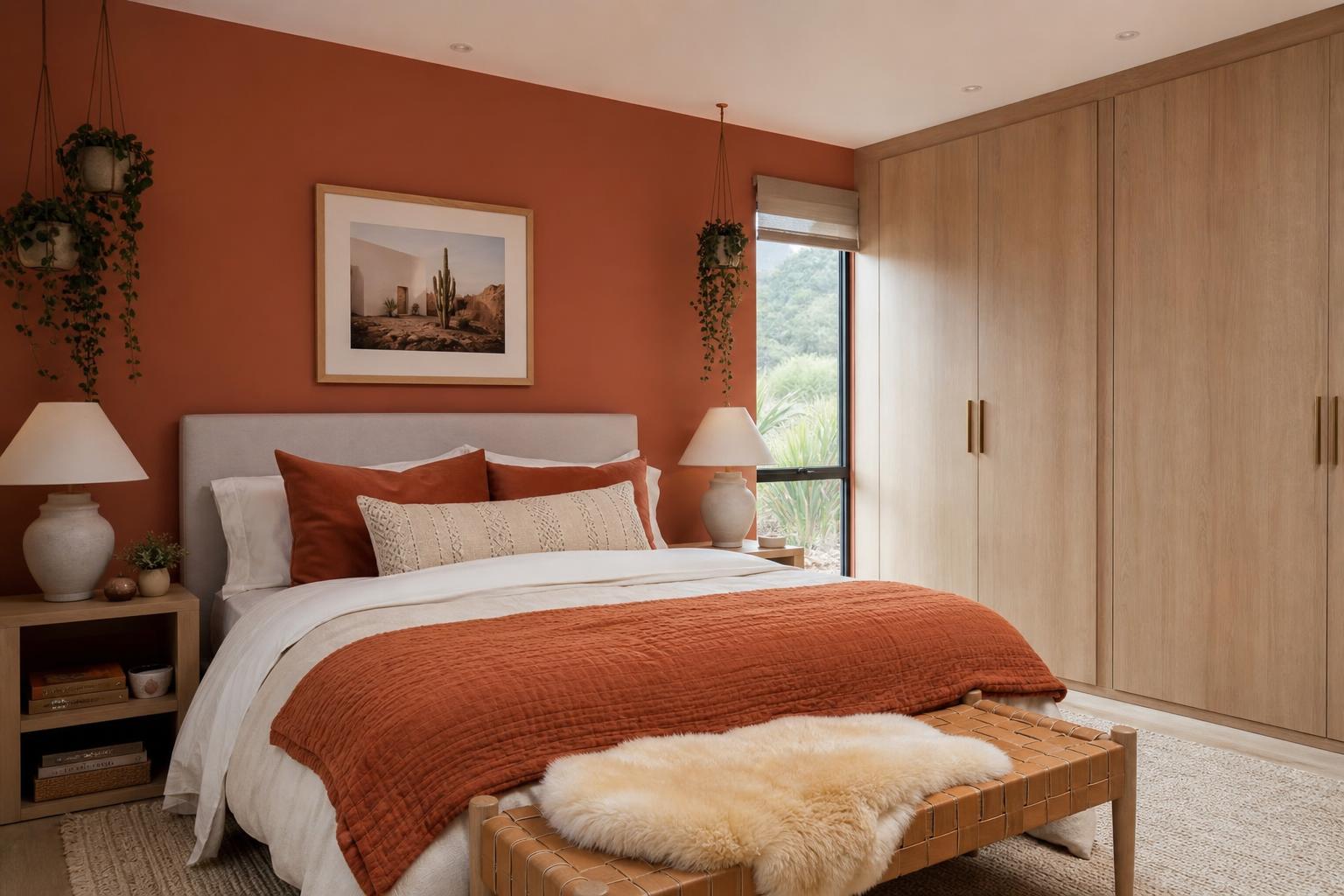 Quarto de casal jovem com parede terracota e madeira clara
