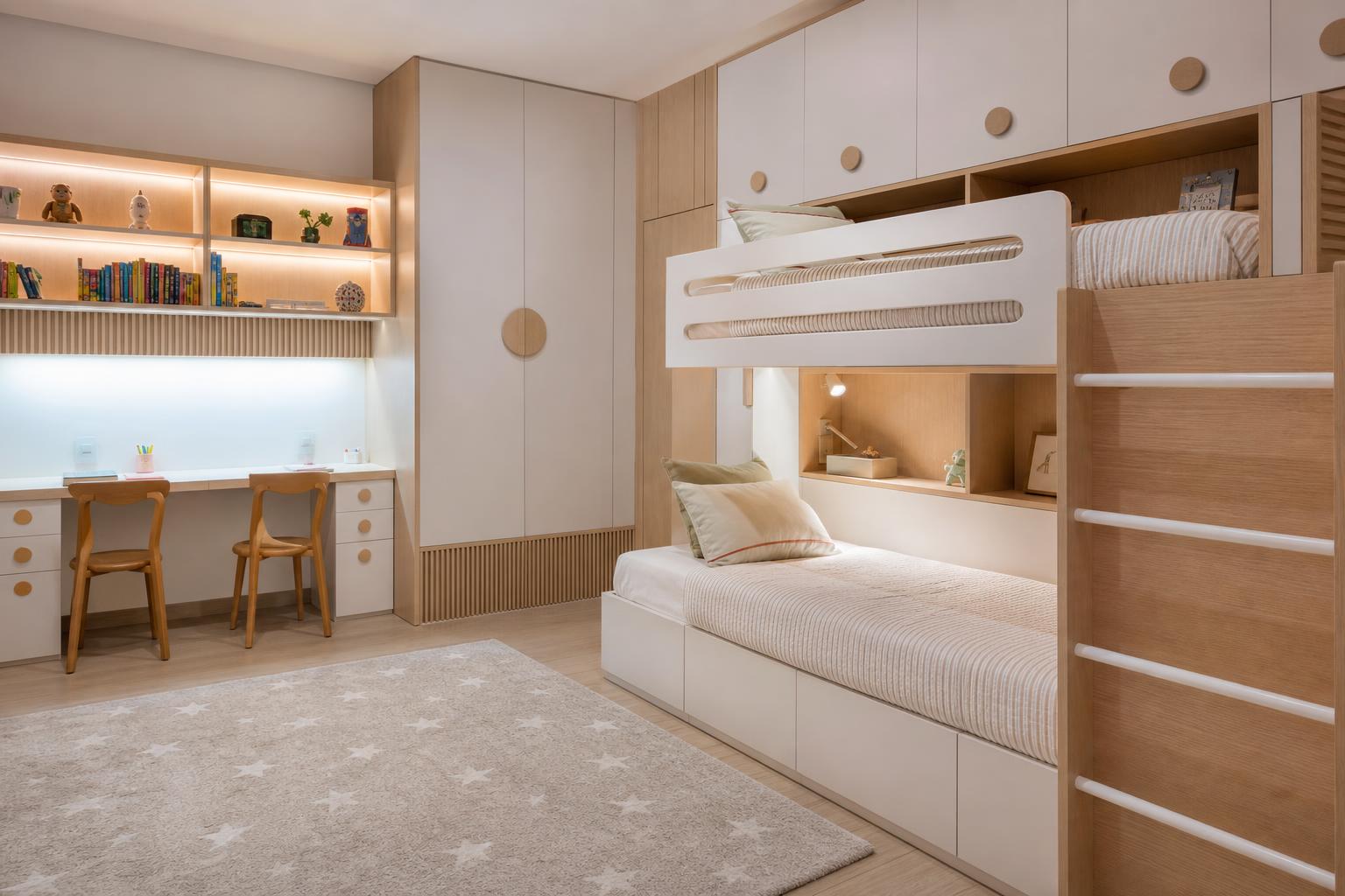 Quarto infantil com beliche planejado e escrivaninha dupla