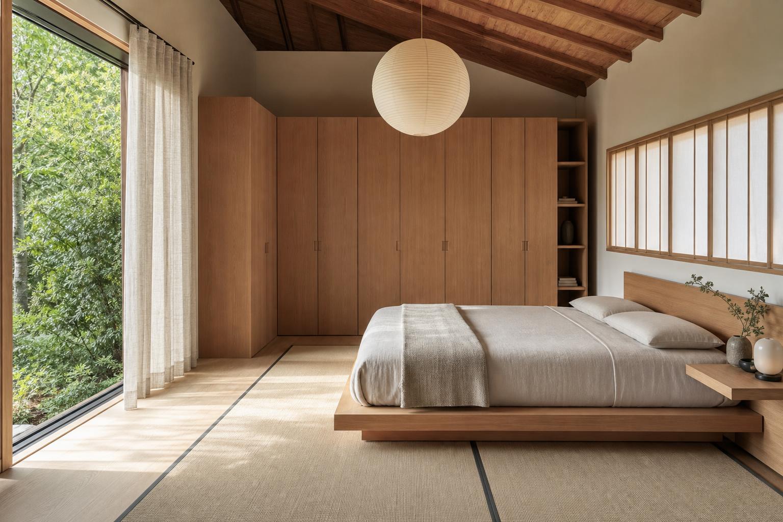 Dormitório minimalista estilo Japandi com cama baixa em carvalho