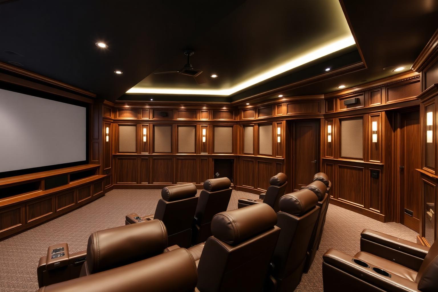 Home theater com marcenaria em carvalho escuro e poltronas reclináveis