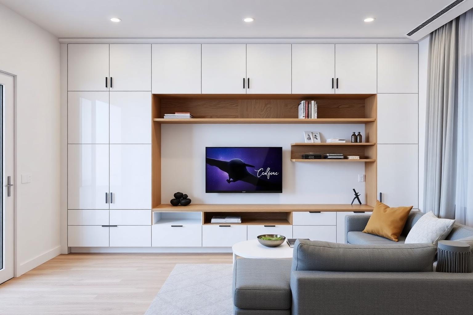 Living de apartamento com estante planejada em laca branca e carvalho