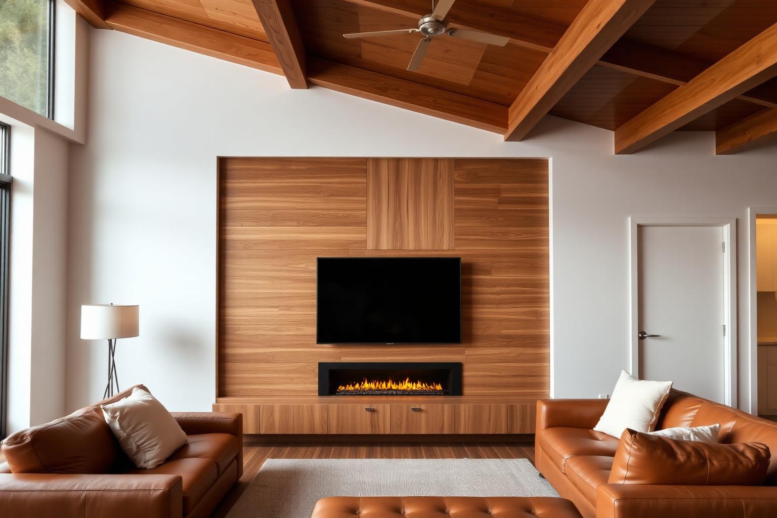 Sala com painel ripado em carvalho, lareira linear embutida e teto com vigas