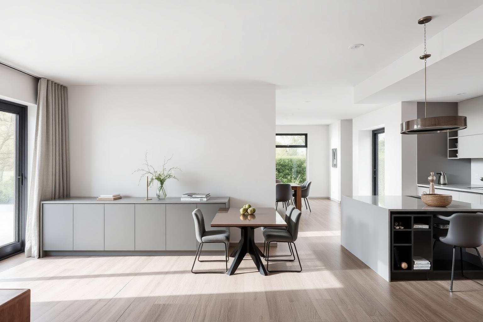 Sala e jantar integrados com buffet planejado cinza cashmere