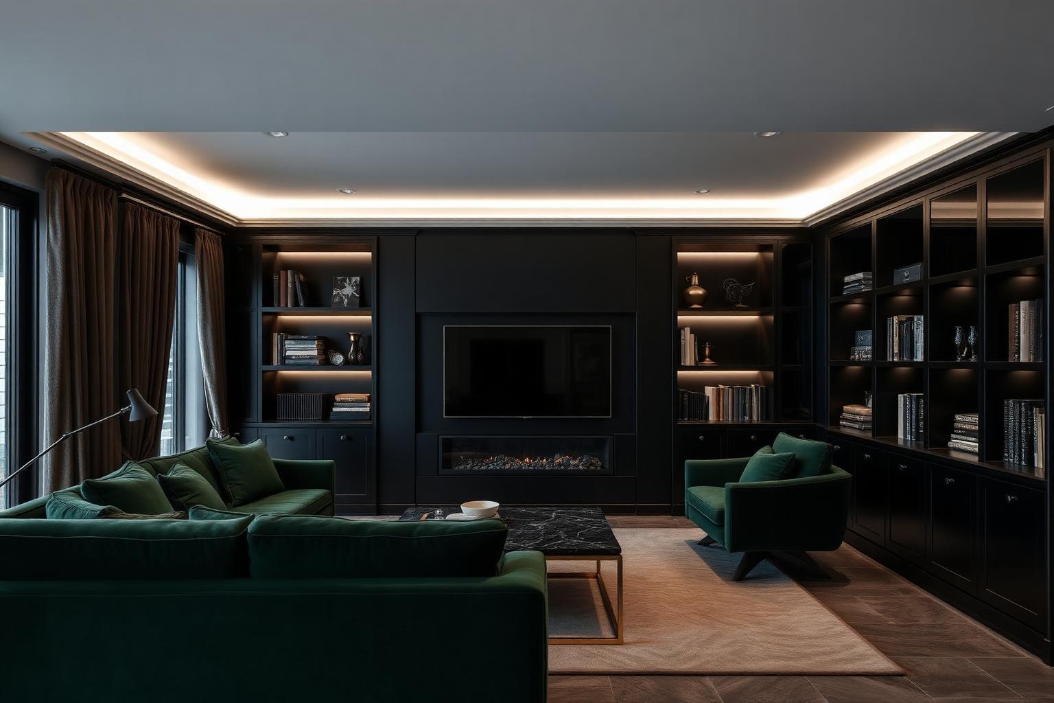 Sala de estar dark com estantes em laca preta, sofá verde e detalhes em latão