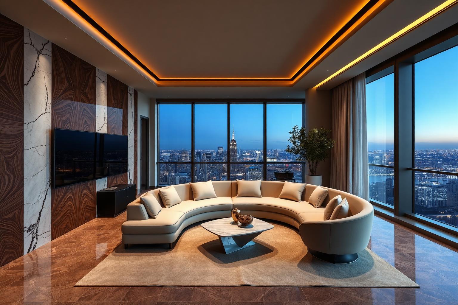 Living de cobertura com painéis em mármore e nogueira e vista panorâmica