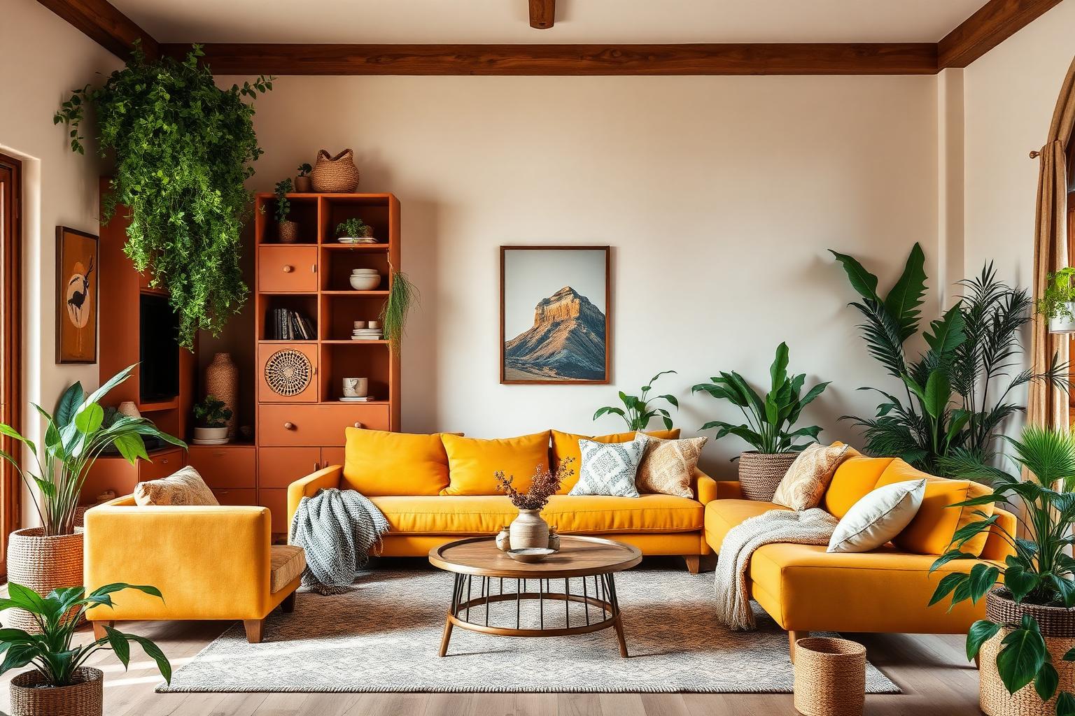 Sala boho moderna com estante terracota, sofá mostarda e plantas